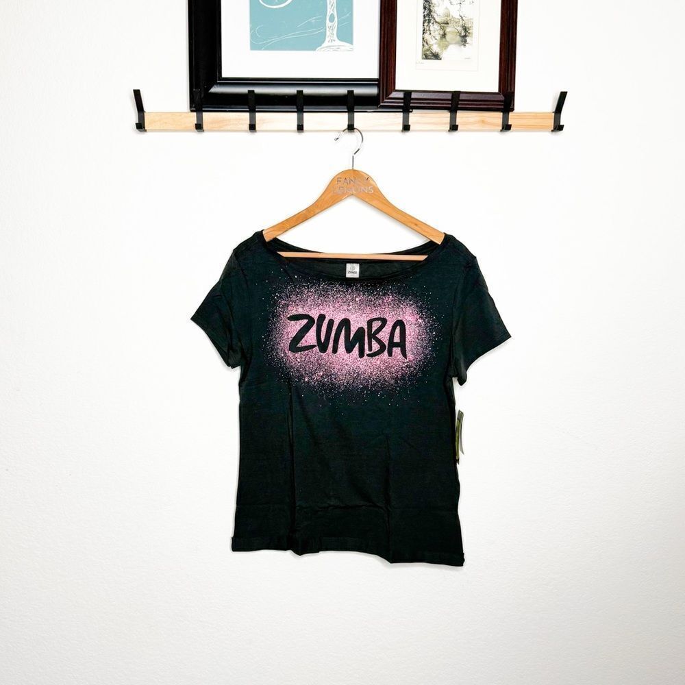 Zumba NWT! Cosmic Fancy Top Black Pink Splatter Graphic Dance Tee Size XS/S